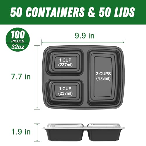 Meal prep containers set: 50 containers with lids, each measuring 9.9x7.7x1.9 inches, featuring three compartments: two of 1 cup (237ml) and one of 2 cups (473ml) capacity.