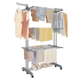 A multi-tiered clothes drying rack with wheels displaying various garments, towels, and shoes. It features hangers and multiple shelves for efficient drying.