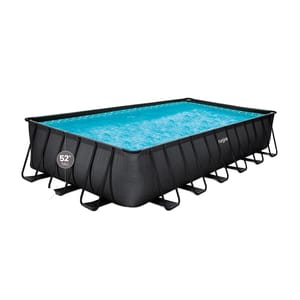 A large, rectangular above-ground pool with black frame and supports, filled with blue water, 52\“ tall.