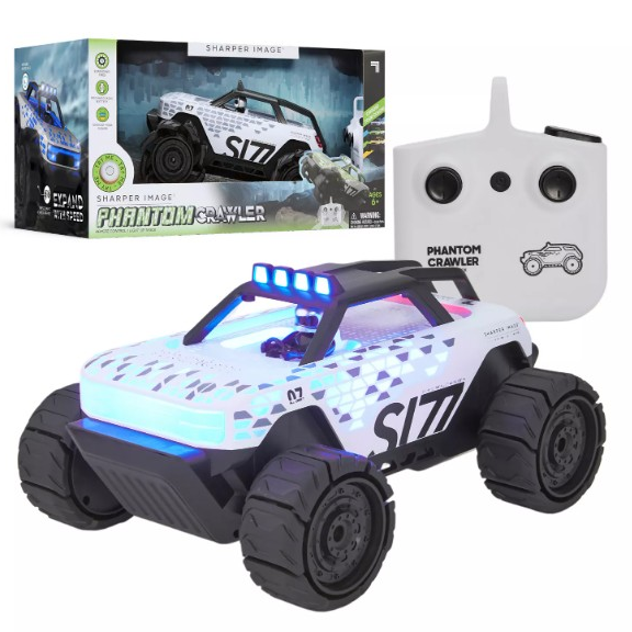 RC car toy set featuring the Sharper Image Phantom Crawler with remote control, blue LED lights, and a rugged design.