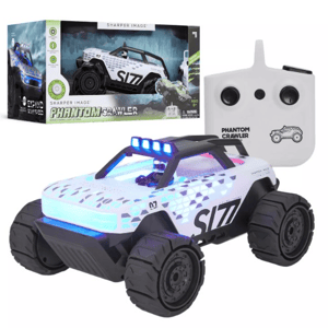 RC car toy set featuring the Sharper Image Phantom Crawler with remote control, blue LED lights, and a rugged design.