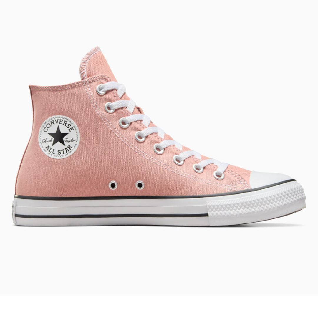 Pink high-top canvas sneaker with white laces and a rubber sole.
