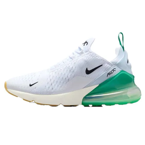 A white athletic shoe with a green and transparent air-cushioned heel, featuring a black swoosh logo and green tab.