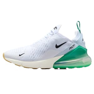 A white athletic shoe with a green and transparent air-cushioned heel, featuring a black swoosh logo and green tab.