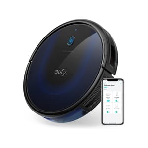 A Eufy robot vacuum with a sleek circular design is shown alongside a smartphone app interface, indicating its smart control capabilities.