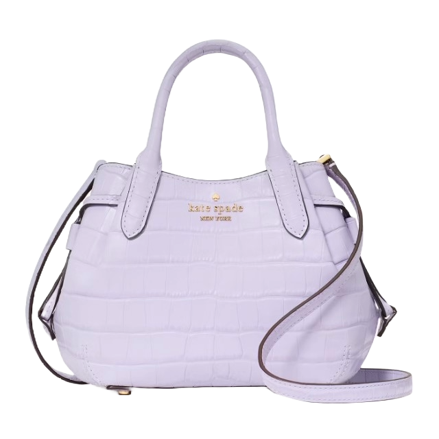 Lavender-colored mini satchel with a crocodile-embossed texture, featuring dual top handles, a gold-tone logo plaque, and an adjustable crossbody strap.