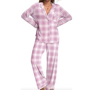 Women's pink and white plaid pajamas with a long-sleeve button-up top featuring a chest pocket, and matching pants.
