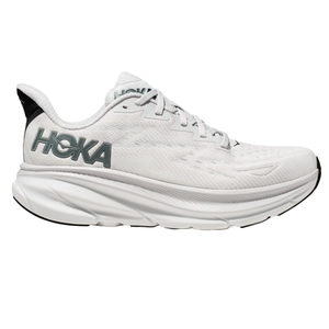 Hoka Men's Clifton 9 Running Shoes feature a sleek, white design with a large HOKA logo on the side, cushioned sole, and breathable mesh upper for comfort and support during runs.