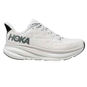 Hoka Men's Clifton 9 Running Shoes feature a sleek, white design with a large HOKA logo on the side, cushioned sole, and breathable mesh upper for comfort and support during runs.