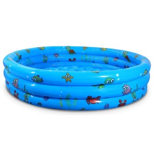 A blue inflatable kiddie pool with cartoon ocean animals like fish, crabs, and turtles.