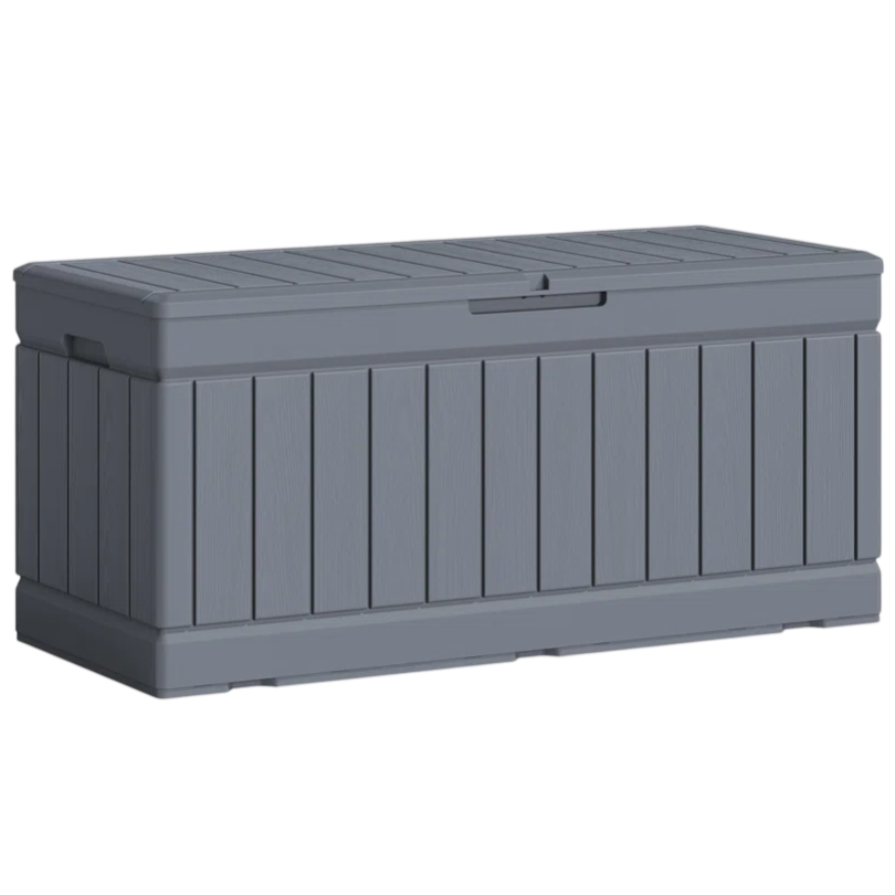 A gray outdoor storage box with a paneled design, featuring a hinged lid and made of durable material suitable for storing various items.