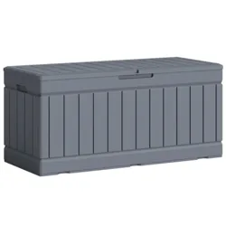 A gray outdoor storage box with a paneled design, featuring a hinged lid and made of durable material suitable for storing various items.