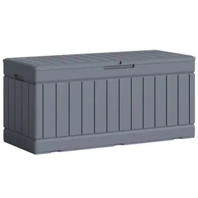 A gray outdoor storage box with a paneled design, featuring a hinged lid and made of durable material suitable for storing various items.