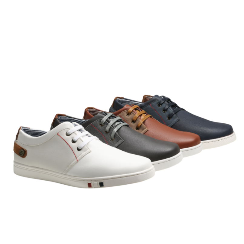 A lineup of casual shoes in white, gray, brown, and navy, featuring white soles and leather accents, with the tagline \“Casual Style & Serious Fun.\“