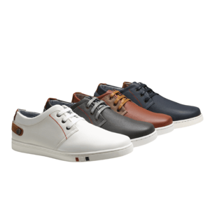 A lineup of casual shoes in white, gray, brown, and navy, featuring white soles and leather accents, with the tagline \“Casual Style & Serious Fun.\“