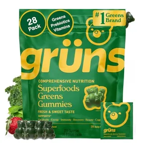 Grüns Superfoods Greens Gummies, pack of 28, offer comprehensive nutrition with greens, prebiotics, and vitamins, supporting health and wellness with a fresh and sweet taste.