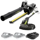 Sun Joe gardening tool set with a blower, hedge trimmer, and string trimmer, plus two 24V batteries and a dual port charger.