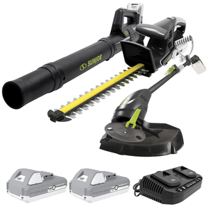 Sun Joe gardening tool set with a blower, hedge trimmer, and string trimmer, plus two 24V batteries and a dual port charger.