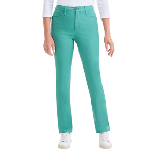 Teal straight-leg jeans paired with a white long-sleeve top and white sneakers.