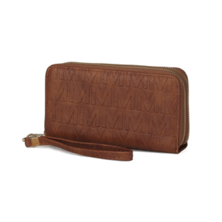 A brown wristlet wallet with an embossed repeating logo pattern and a zip-around closure includes a wrist strap for easy carrying.
