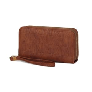 A brown wristlet wallet with an embossed repeating logo pattern and a zip-around closure includes a wrist strap for easy carrying.