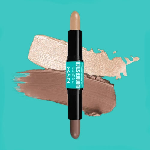 A dual-ended NYX Wonder Stick features a highlighter on one side and a contour shade on the other, against a teal background with swatches of both shades visible.