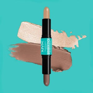 A dual-ended NYX Wonder Stick features a highlighter on one side and a contour shade on the other, against a teal background with swatches of both shades visible.