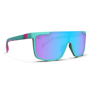 Stylish sunglasses with teal frames and reflective blue-purple lenses, accented by pink stripes on the arms.