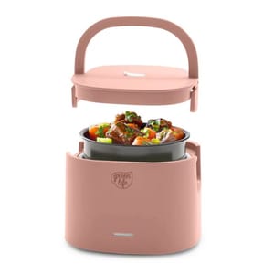 A pink electric lunch box with a handle, labeled \“green life,\“ featuring an inner container holding a hearty dish of meat and vegetables.