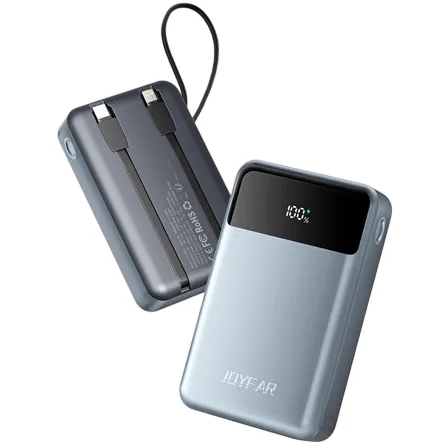 A portable power bank with built-in cables, one showing a digital display indicating a 100% charge, designed for mobile device charging.