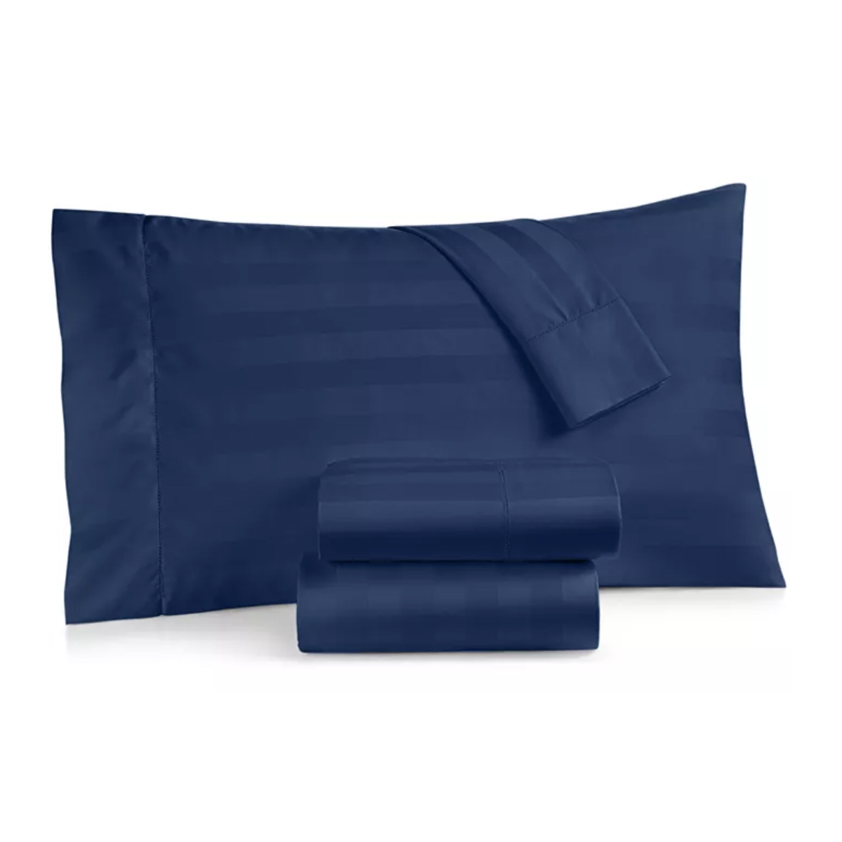 Navy blue bed sheet set with a subtle striped pattern, including pillowcases and folded sheets against a white background.