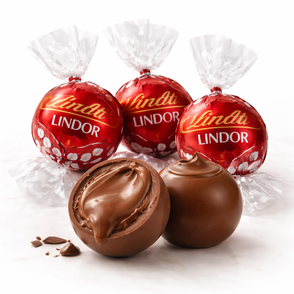 Lindt Lindor chocolate truffles in red packaging are shown, with one truffle cut open to reveal a creamy chocolate filling.