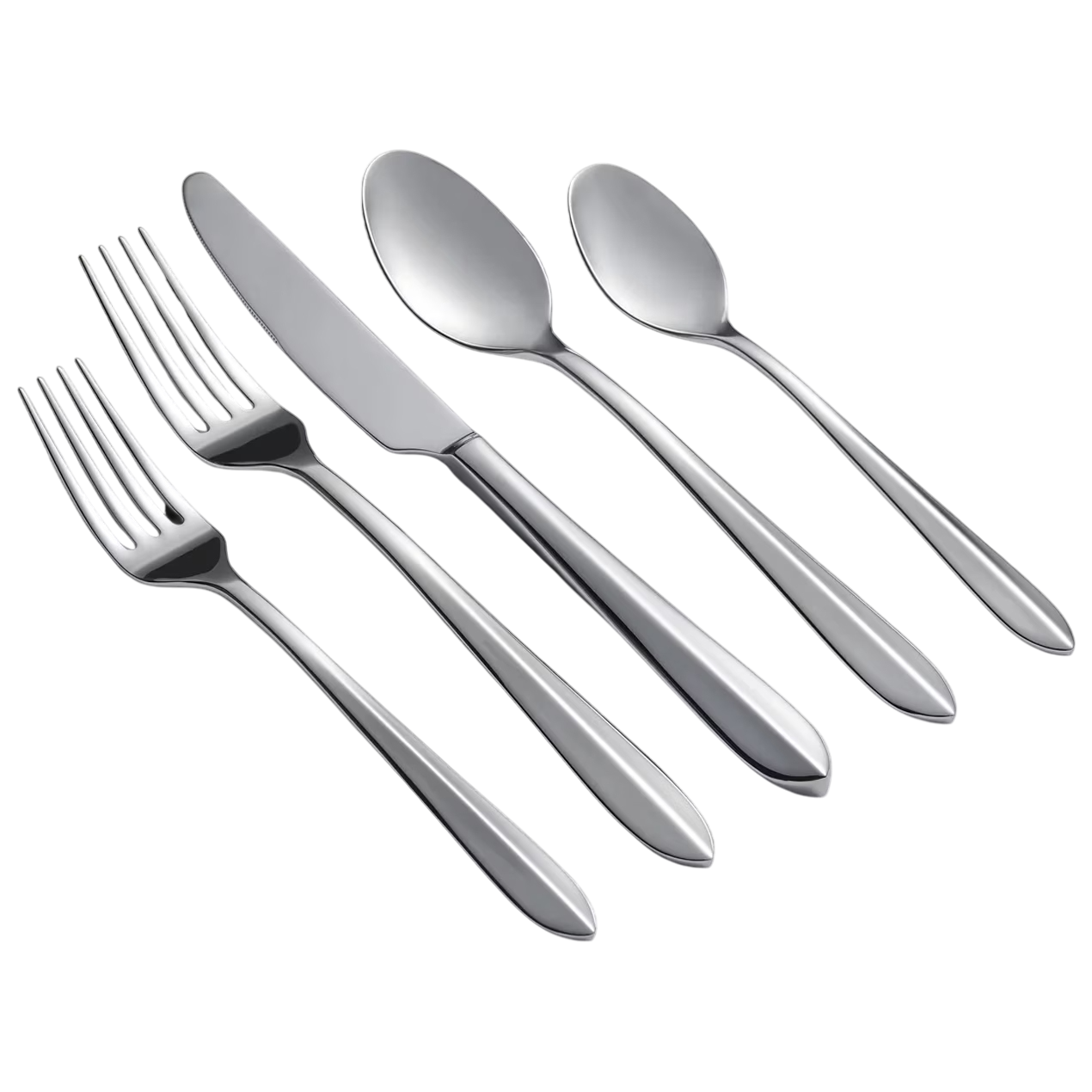 A five-piece silver cutlery set consisting of a dinner fork, salad fork, knife, tablespoon, and teaspoon.