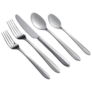 A five-piece silver cutlery set consisting of a dinner fork, salad fork, knife, tablespoon, and teaspoon.
