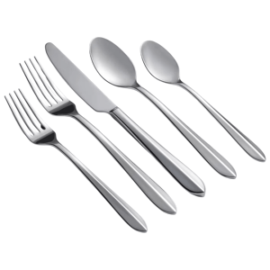 A five-piece silver cutlery set consisting of a dinner fork, salad fork, knife, tablespoon, and teaspoon.