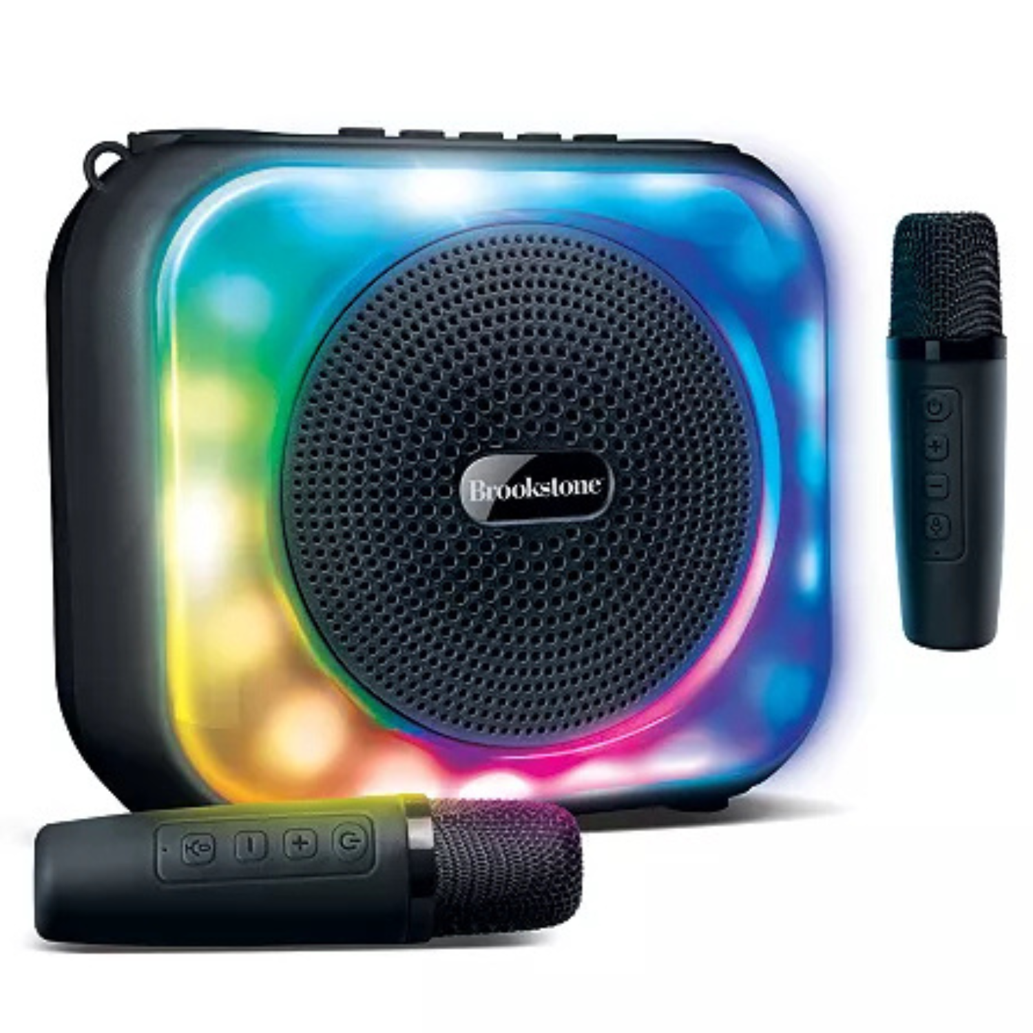 Brookstone Karaoke Set includes a portable speaker with colorful LED lights and two wireless microphones. The speaker has a control panel on top, while each microphone has control buttons.