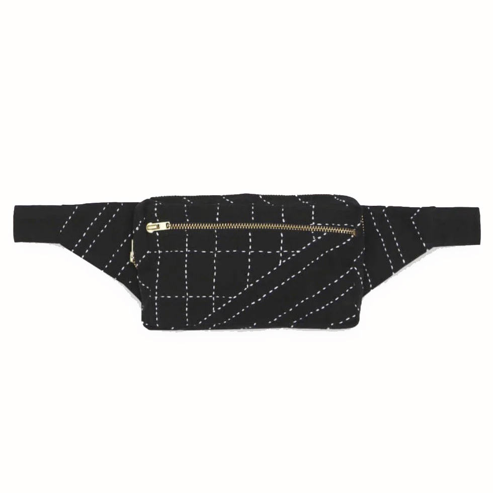 Black crossbody belt bag with a stitched grid pattern and diagonal lines, featuring a gold zipper pocket on the front.