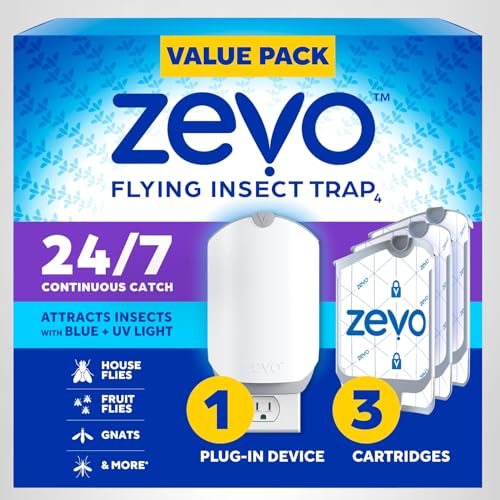 Zevo Flying Insect Trap value pack includes one plug-in device and three cartridges, designed to attract and trap house flies, fruit flies, and gnats using blue and UV light for 24/7 continuous catch.