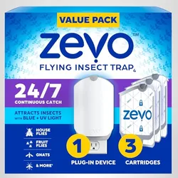 Zevo Flying Insect Trap value pack includes one plug-in device and three cartridges, designed to attract and trap house flies, fruit flies, and gnats using blue and UV light for 24/7 continuous catch.