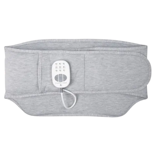 A gray abdominal heating pad with an adjustable wrap design and a digital remote control attached for setting heat levels.