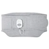 A gray abdominal heating pad with an adjustable wrap design and a digital remote control attached for setting heat levels.