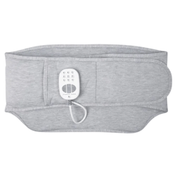 A gray abdominal heating pad with an adjustable wrap design and a digital remote control attached for setting heat levels.