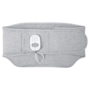 A gray abdominal heating pad with an adjustable wrap design and a digital remote control attached for setting heat levels.