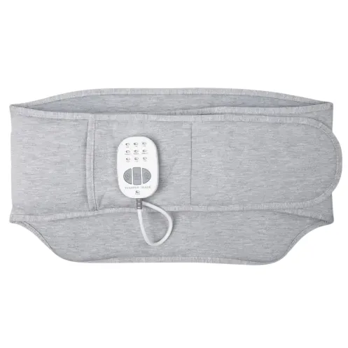 A gray abdominal heating pad with an adjustable wrap design and a digital remote control attached for setting heat levels.