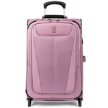 Pink rolling suitcase with a retractable handle, featuring a zippered front pocket and smooth wheels for easy transport.