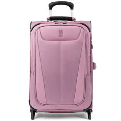 Pink rolling suitcase with a retractable handle, featuring a zippered front pocket and smooth wheels for easy transport.