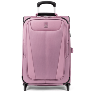 Pink rolling suitcase with a retractable handle, featuring a zippered front pocket and smooth wheels for easy transport.