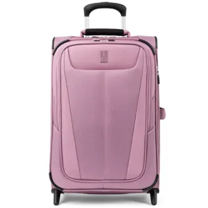 Pink rolling suitcase with a retractable handle, featuring a zippered front pocket and smooth wheels for easy transport.
