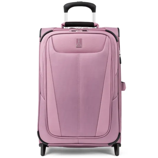 Pink rolling suitcase with a retractable handle, featuring a zippered front pocket and smooth wheels for easy transport.