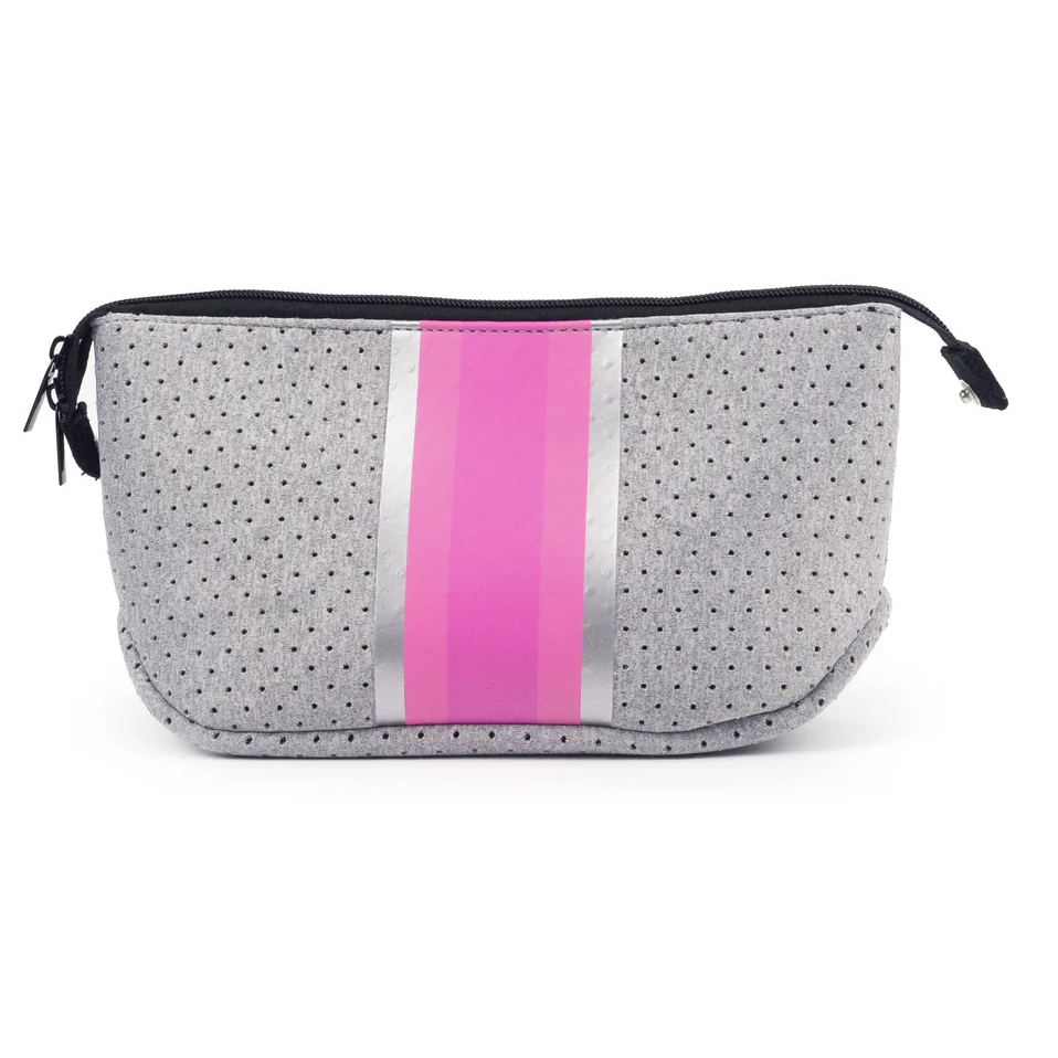 Gray and pink striped cosmetic bag with a zipper closure.